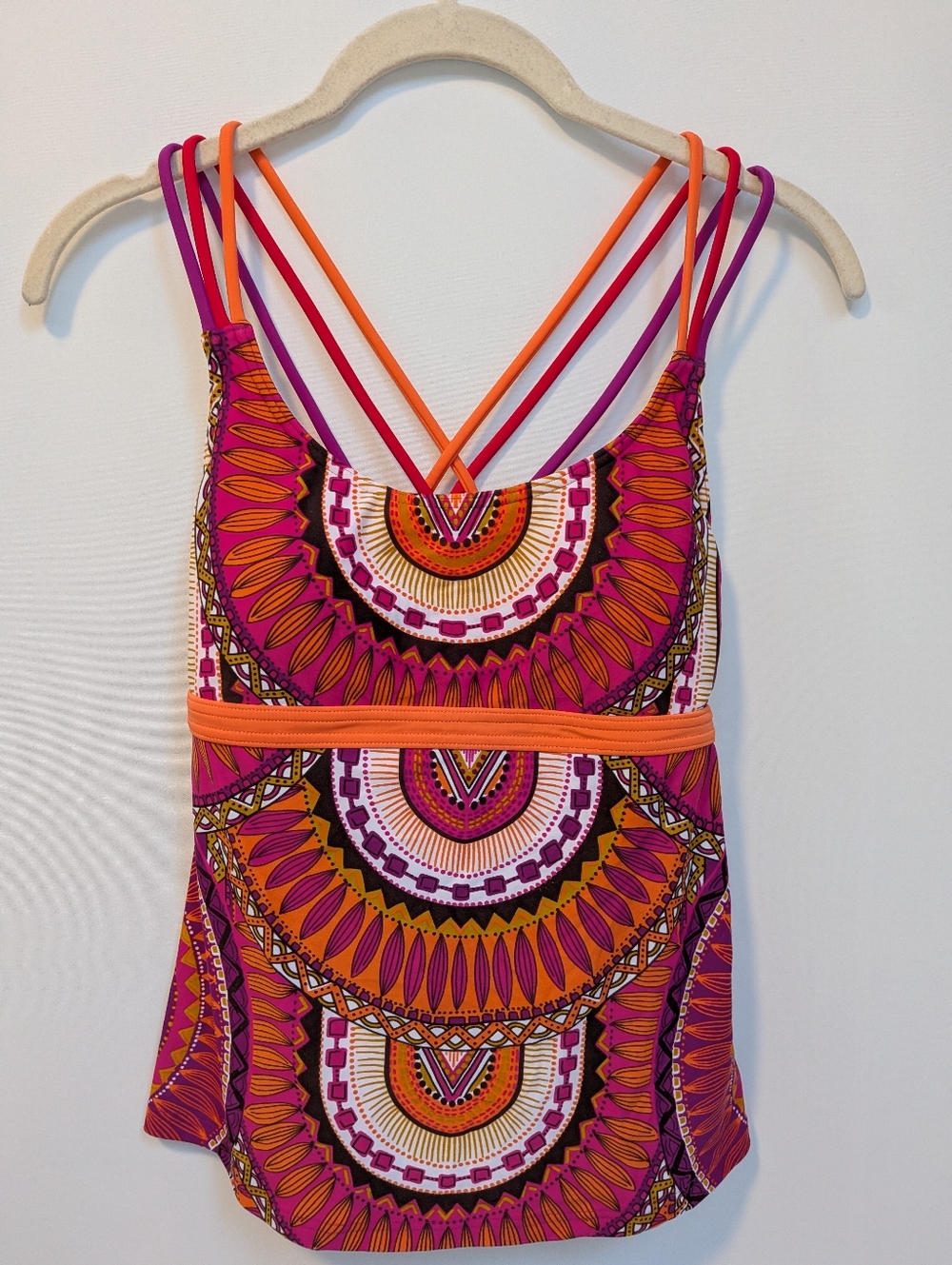 Prana Indra Pink Orange Floral Boho Strappy Tankini Swim Tank Top Size Small
